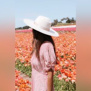 Ghost London Pink Floral V-Neck Midi Dress with Puff Sleeves